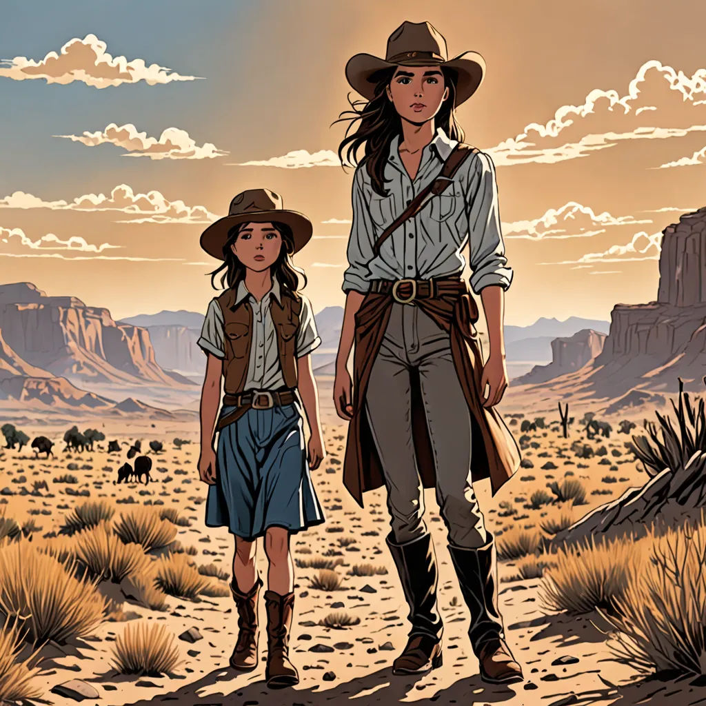 a couple of people standing on top of a desert field next to each other on a sunny day with mountains in the background, Asaf Hanuka, process art, a comic book panel, western comic book art