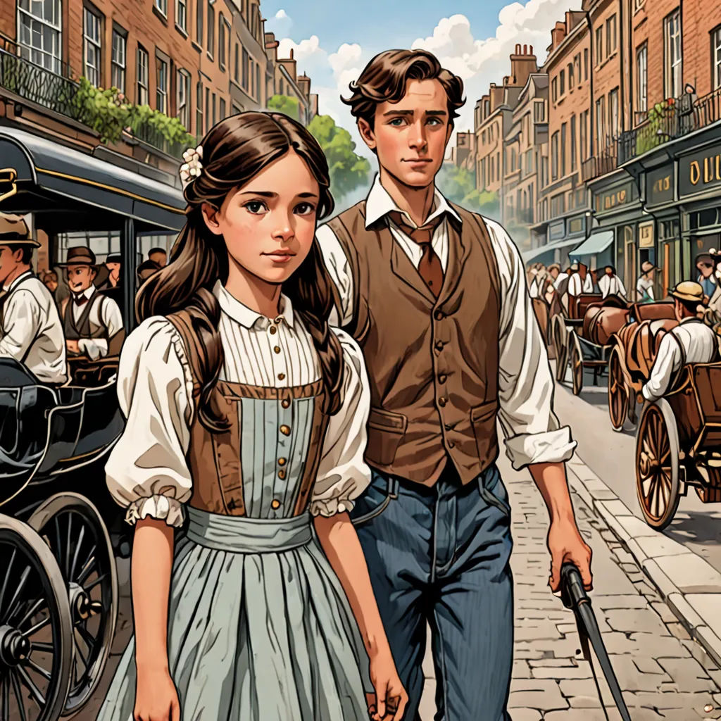 a man and a woman walking down a street with a carriage behind them and a horse drawn carriage behind them, Colin Middleton, fantastic realism, a detailed matte painting, set in 1860