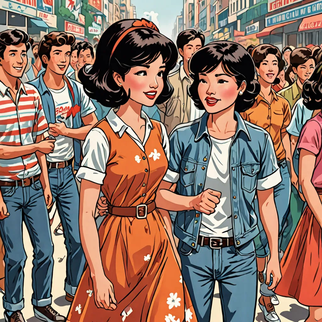 a woman in a dress walking down a street with a crowd of people behind her in a cartoon style, David Diao, kitsch movement, a comic book panel, graphic novel