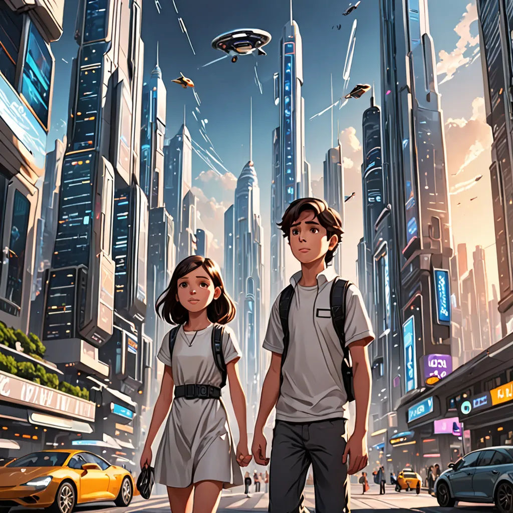 a couple of people walking down a street next to tall buildings and a yellow car in the background with a futuristic city in the background, Chris Moore, retrofuturism, a detailed matte painting, comic cover art