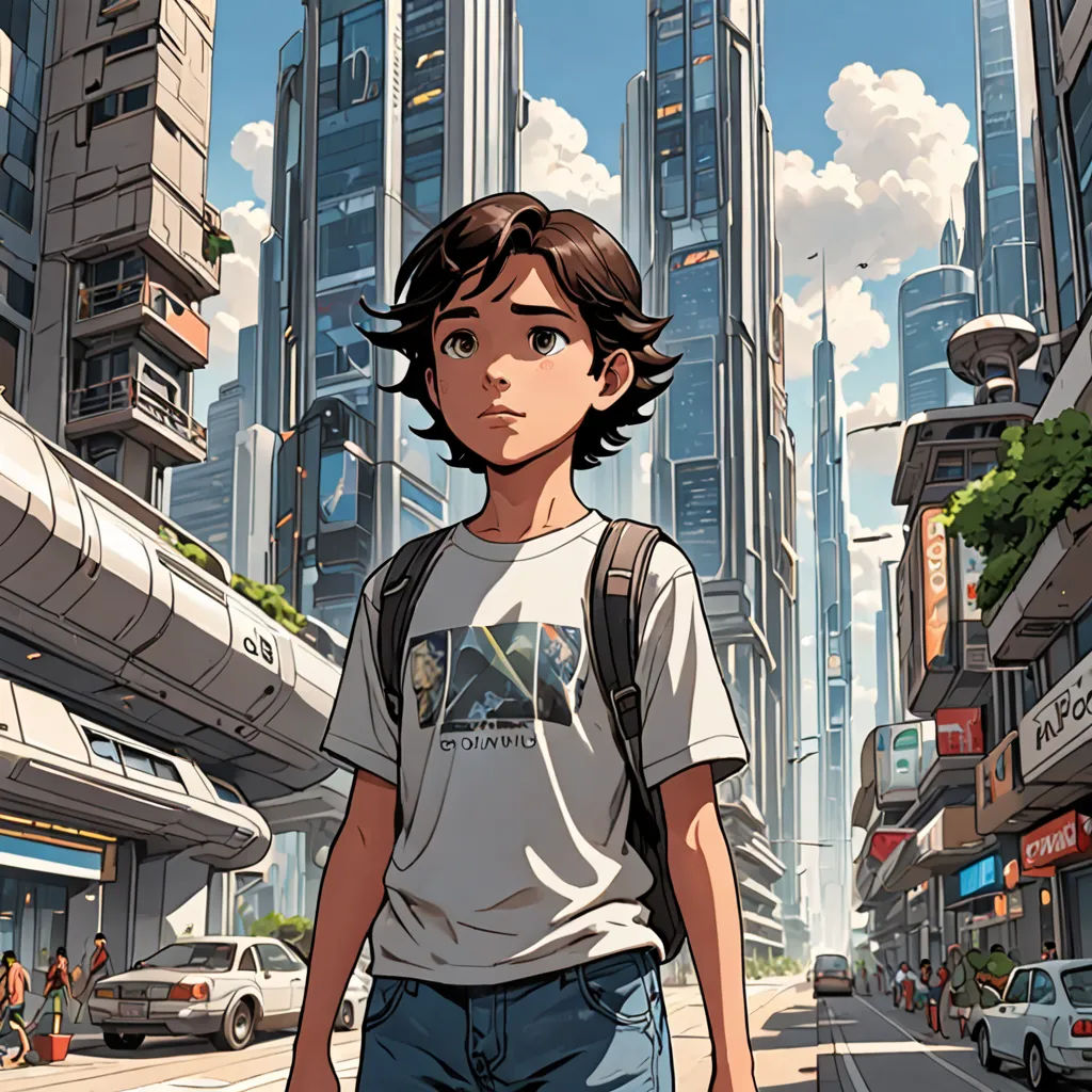 a boy walking down a street in a city with tall buildings in the background and a sky line in the foreground, Cedric Seaut (Keos Masons), retrofuturism, a comic book panel, yukito kishiro
