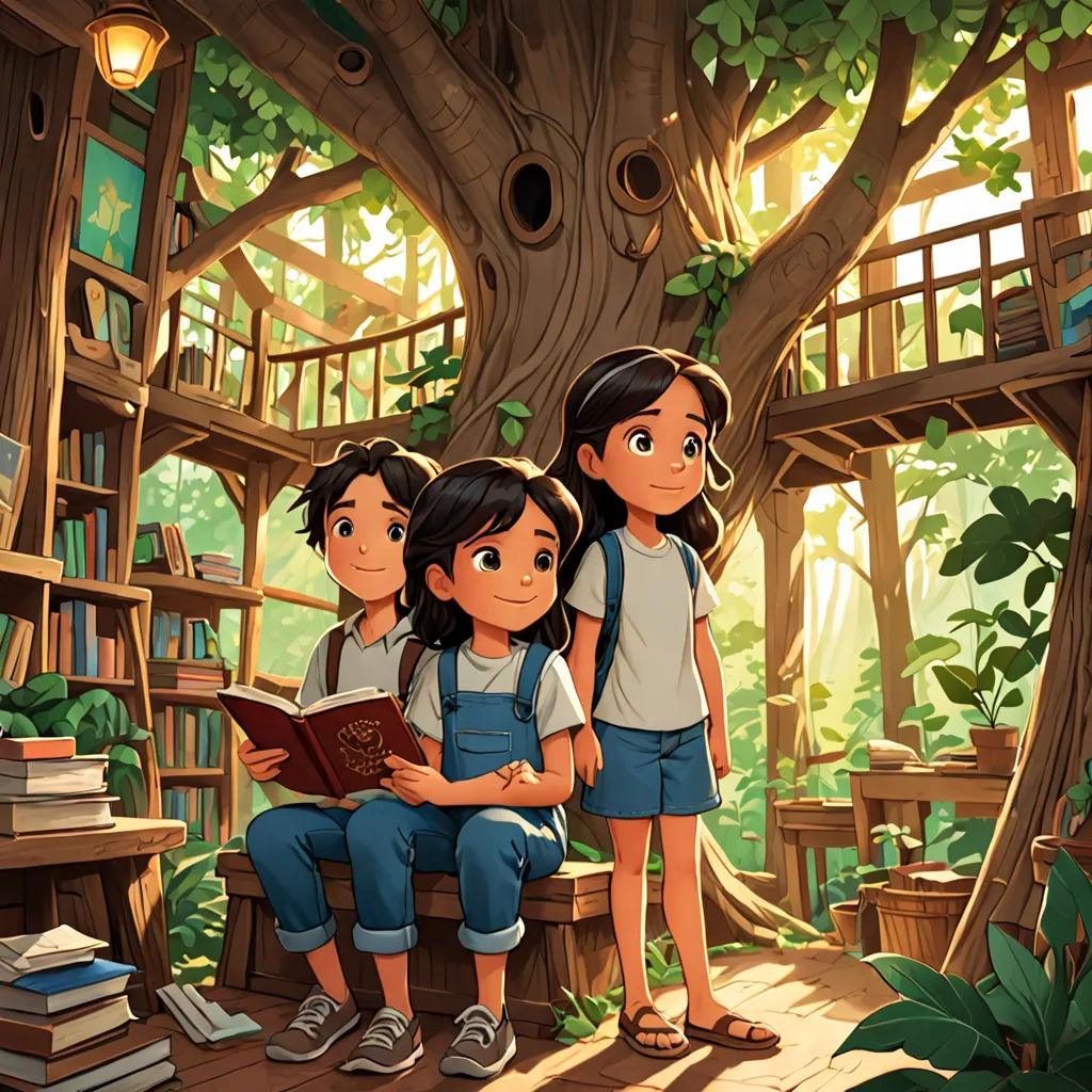 a group of children reading a book in a tree house with a tree in the background and a tree house in the background, Diego Gisbert Llorens, fantasy art, a storybook illustration, rossdraws global illumination