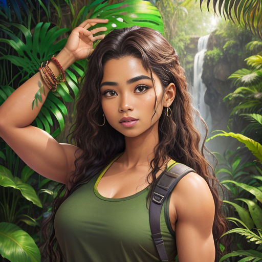 a woman in a green top standing in front of a waterfall and trees with a green hat on her head