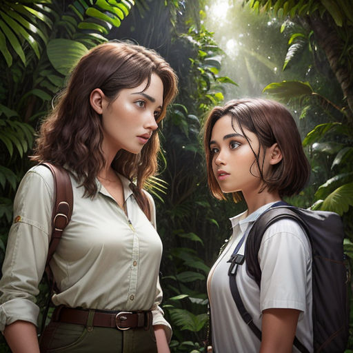 two women standing in front of a jungle background with sunlight streaming through the trees and leaves on the ground