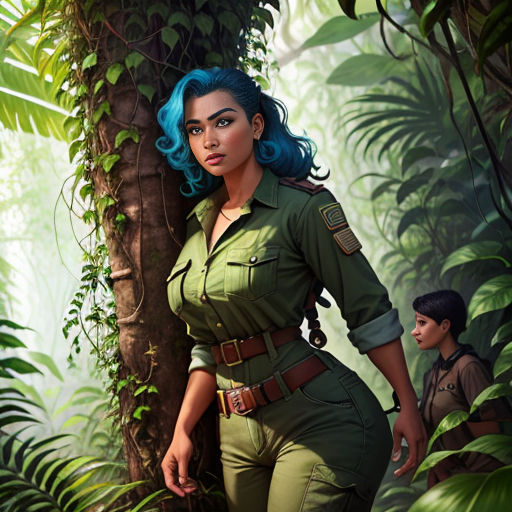 a woman in a green uniform standing next to a man in a jungle area with trees and plants behind her