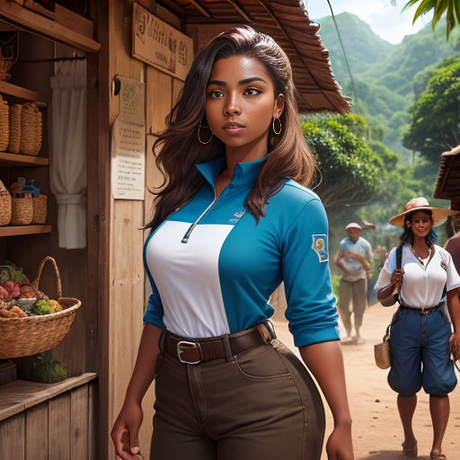 a woman in a blue and white shirt and brown pants standing in front of a store with people walking by