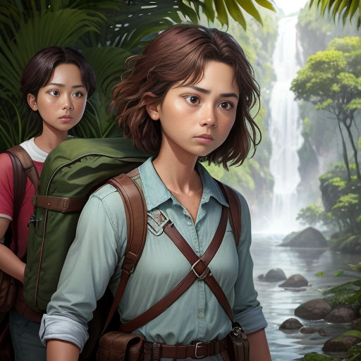 a painting of two people standing in front of a waterfall and a waterfall with a waterfall in the background