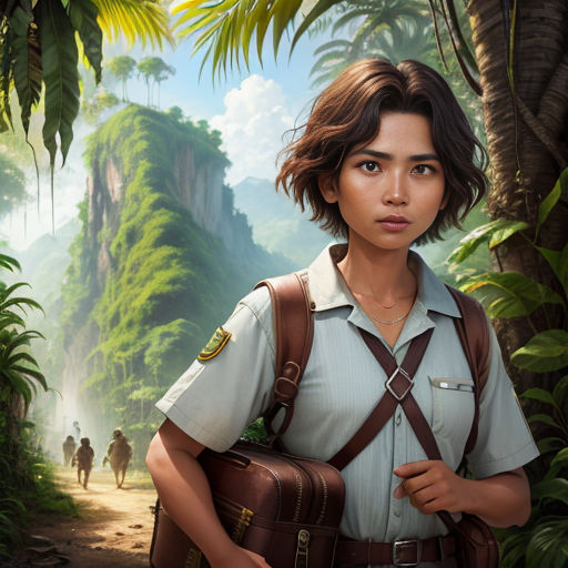 a painting of a woman with a backpack in a jungle setting with a man in the background walking towards a mountain