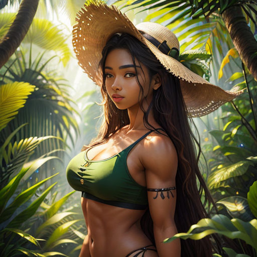 a woman in a bikini and hat in the jungle with palm trees and foliage behind her, looking at the camera