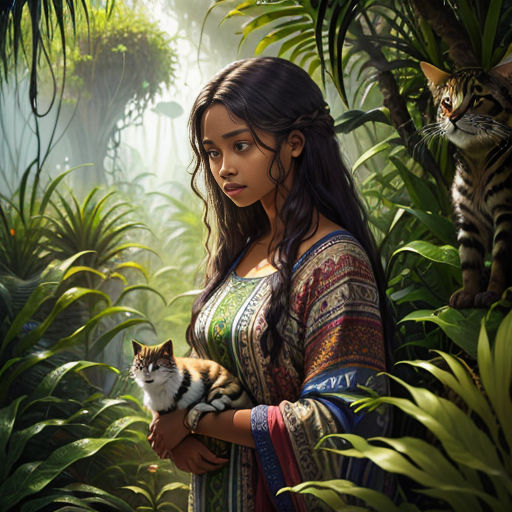 a woman holding a cat in a jungle with a tiger in the background and a tiger in the foreground