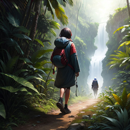 a man and a woman walking down a trail in the woods with a backpack on their back and a waterfall in the background