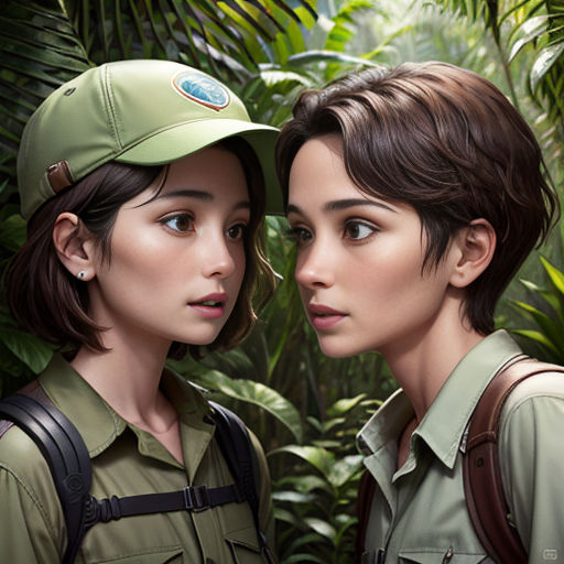 two people in uniforms are standing in front of a jungle background with plants and trees, one of them is wearing a green hat