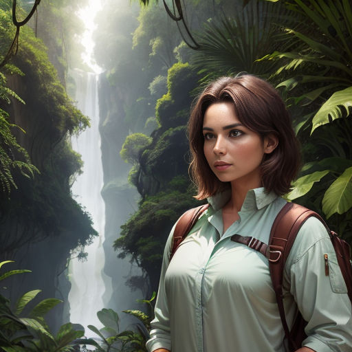a woman standing in front of a waterfall in the jungle with a backpack on her shoulder and a backpack on her shoulder