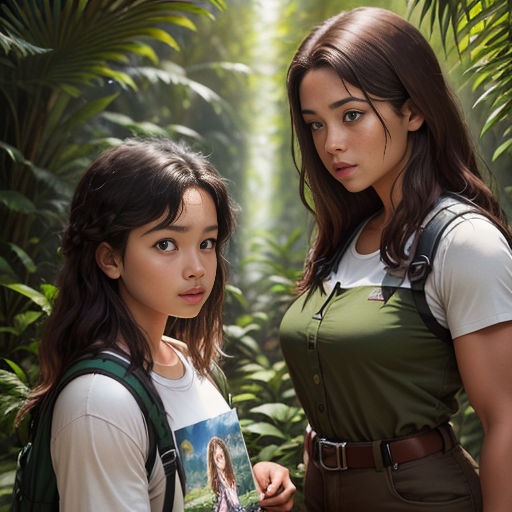 two women standing in a jungle with a picture of a woman on her back and a man on the other side