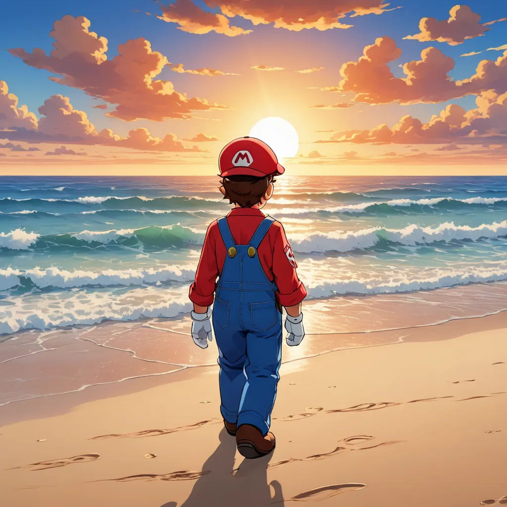 a person walking on a beach near the ocean at sunset with a red hat and blue overalls on, sots art, a matte painting, Chris LaBrooy, official art