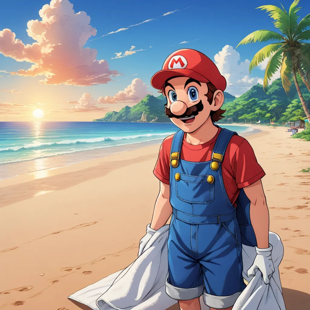 a cartoon character is standing on a beach near the ocean with a towel in his hand and a hat on his head, sots art, a matte painting, Chris LaBrooy, official art