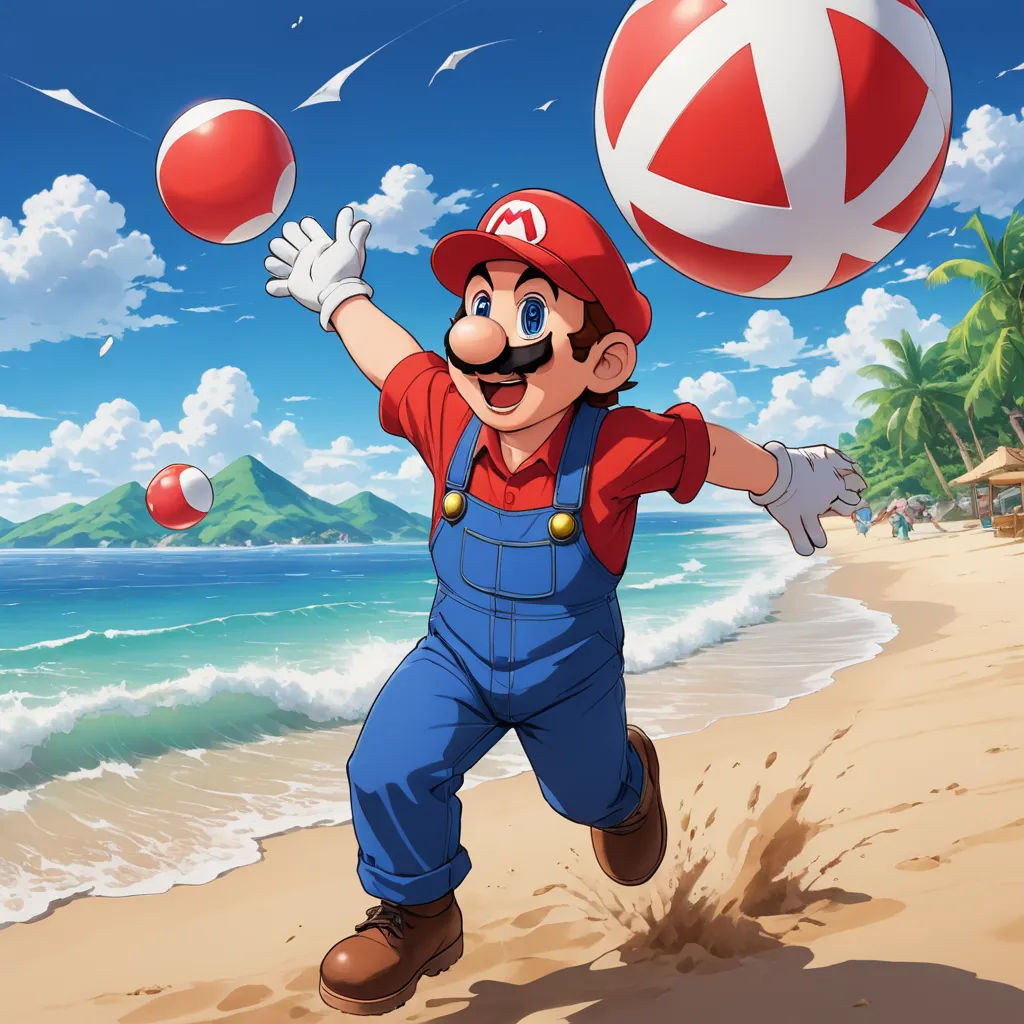 a cartoon character is playing with a ball on the beach with a beach ball in the air and a beach ball in the air, sots art, concept art, Chris LaBrooy, official art