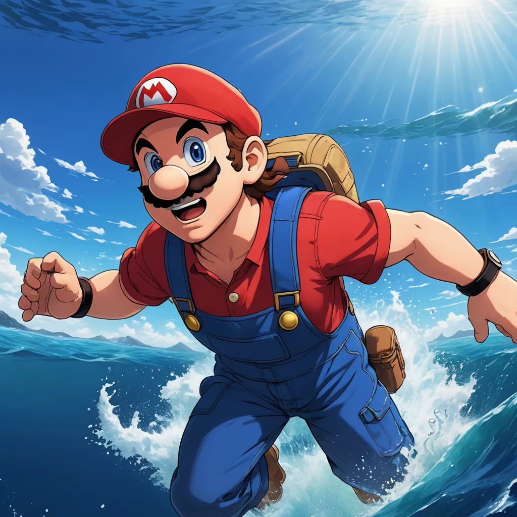 a cartoon of a man in a red hat and overalls in the ocean with a backpack on his back, sots art, concept art, Chris LaBrooy, official art