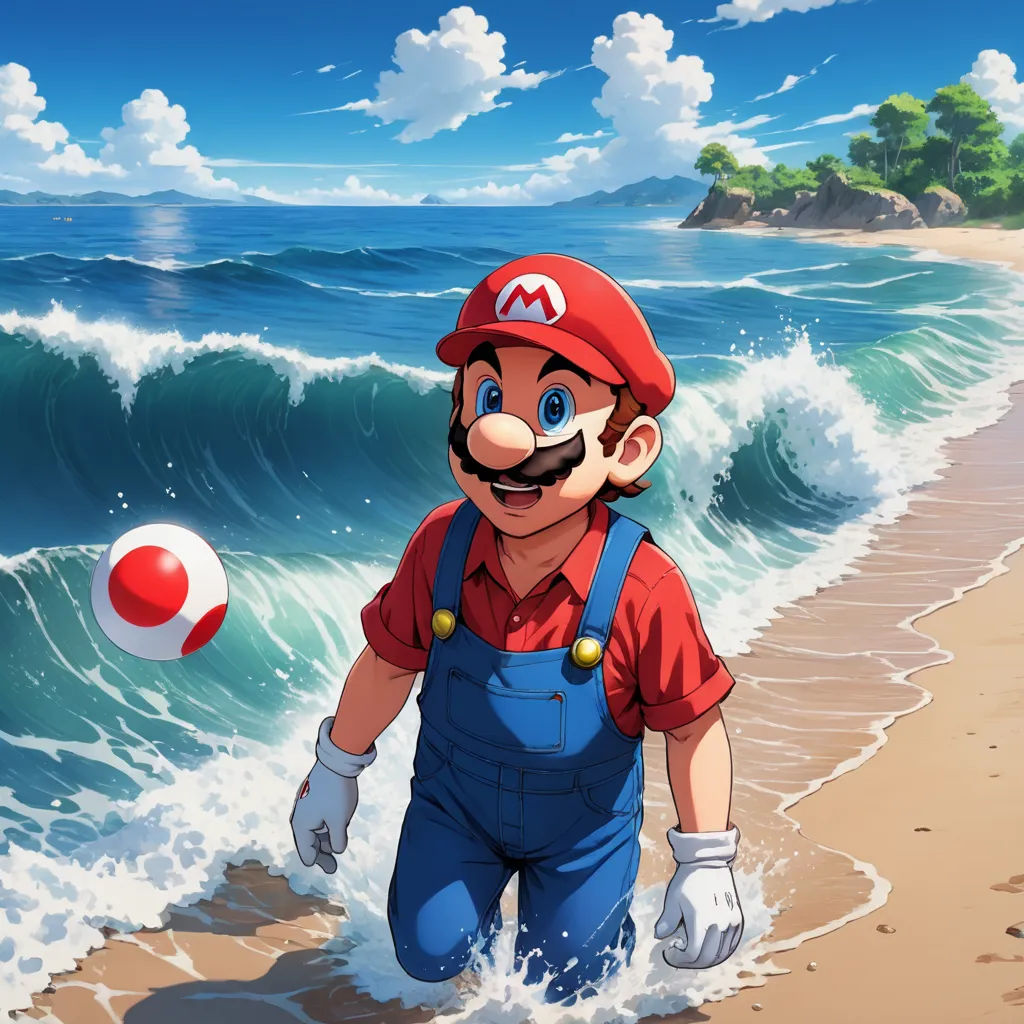 a cartoon character is playing with a ball on the beach near the ocean and a beach house in the background, sots art, a matte painting, Chris LaBrooy, game art