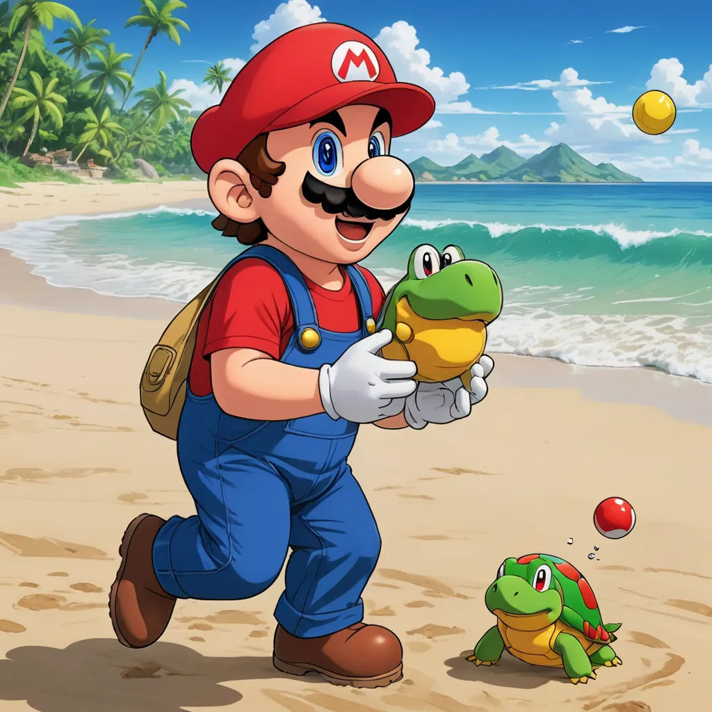 a cartoon mario running on the beach with a frog and turtle nearby, and a man in a red hat, sots art, a storybook illustration, Chris LaBrooy, game art
