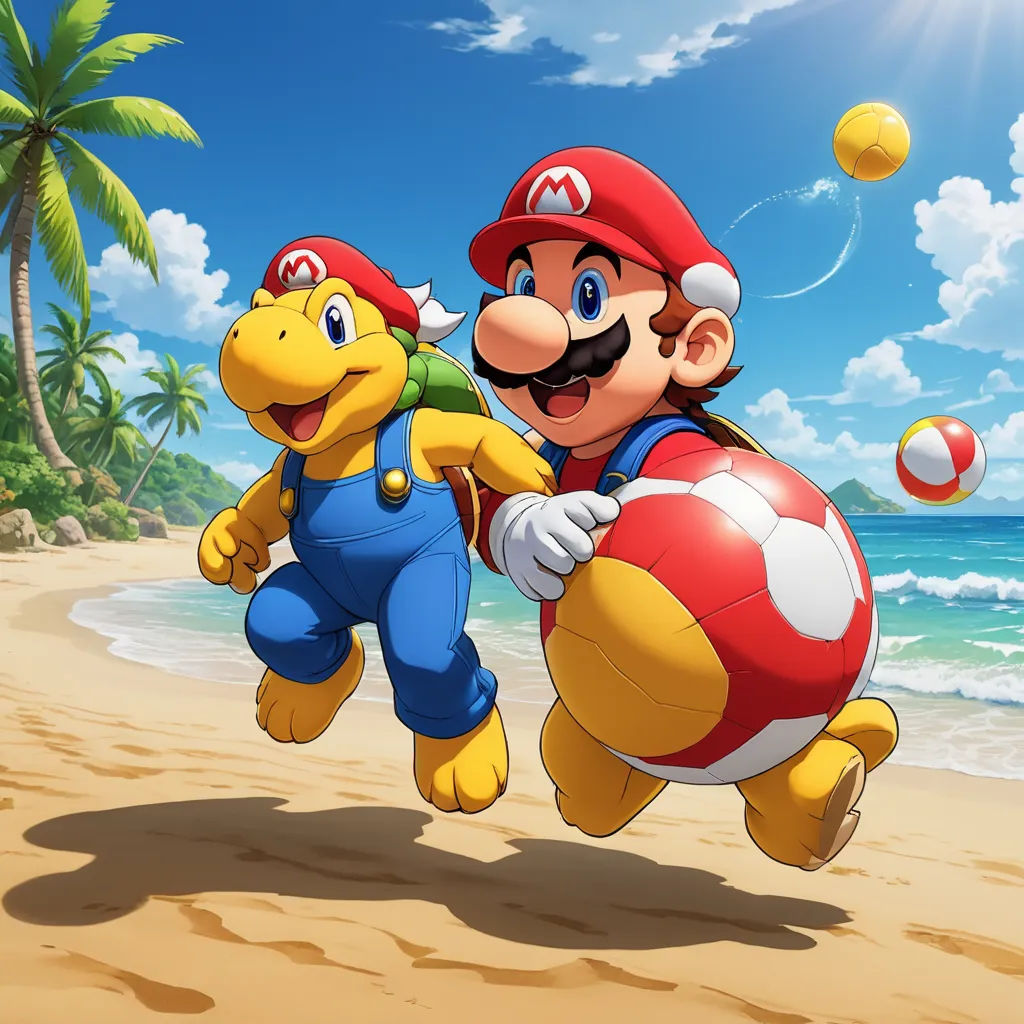 a cartoon character running on a beach with a mario and luigi in the background, with a beach ball in the foreground, sots art, concept art, Chris LaBrooy, official art