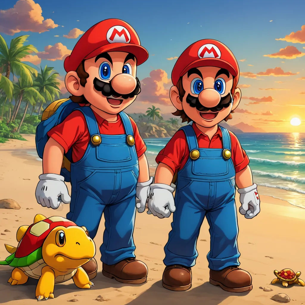 two mario brothers standing on a beach next to a turtle and a turtle shell in front of a sunset, sots art, concept art, Brothers Hildebrandt, game art