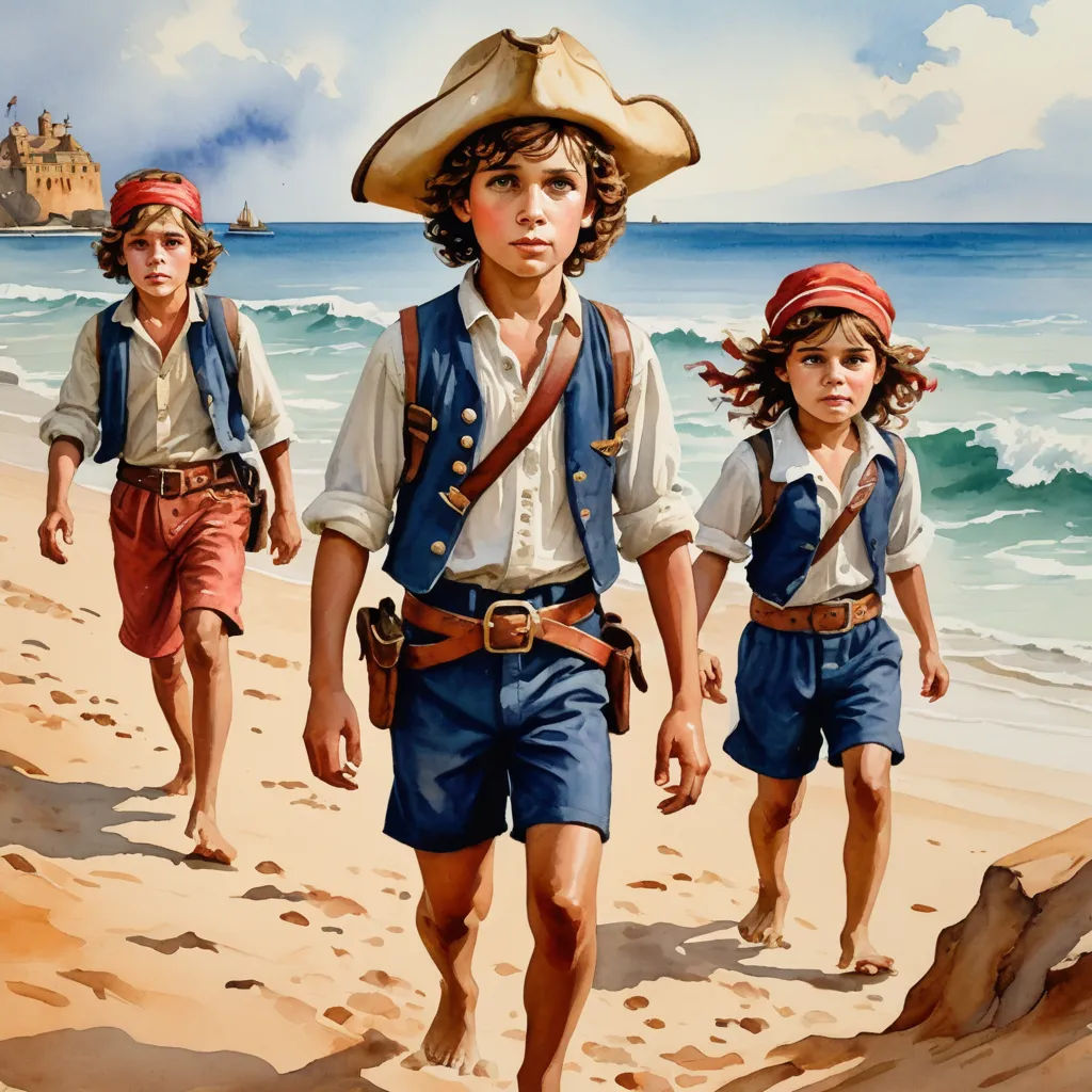 a painting of three children walking on a beach with a pirate hat on and a pirate ship in the background, fantasy art, a detailed matte painting, Bob Byerley, magic the gathering artwork