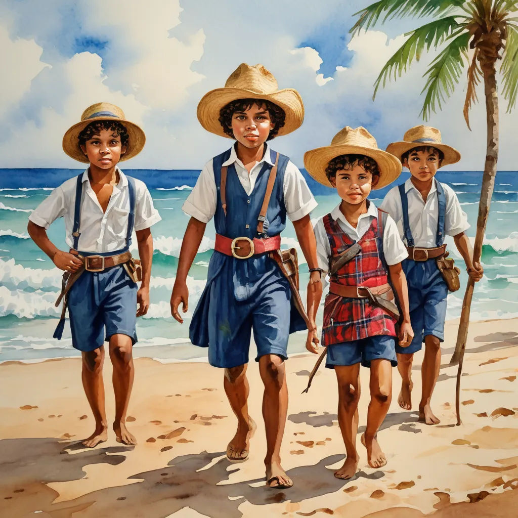 a painting of three boys walking on the beach with a palm tree in the background and a painting of the ocean behind them, samikshavad, a detailed painting, Brothers Hildebrandt, jayison devadas