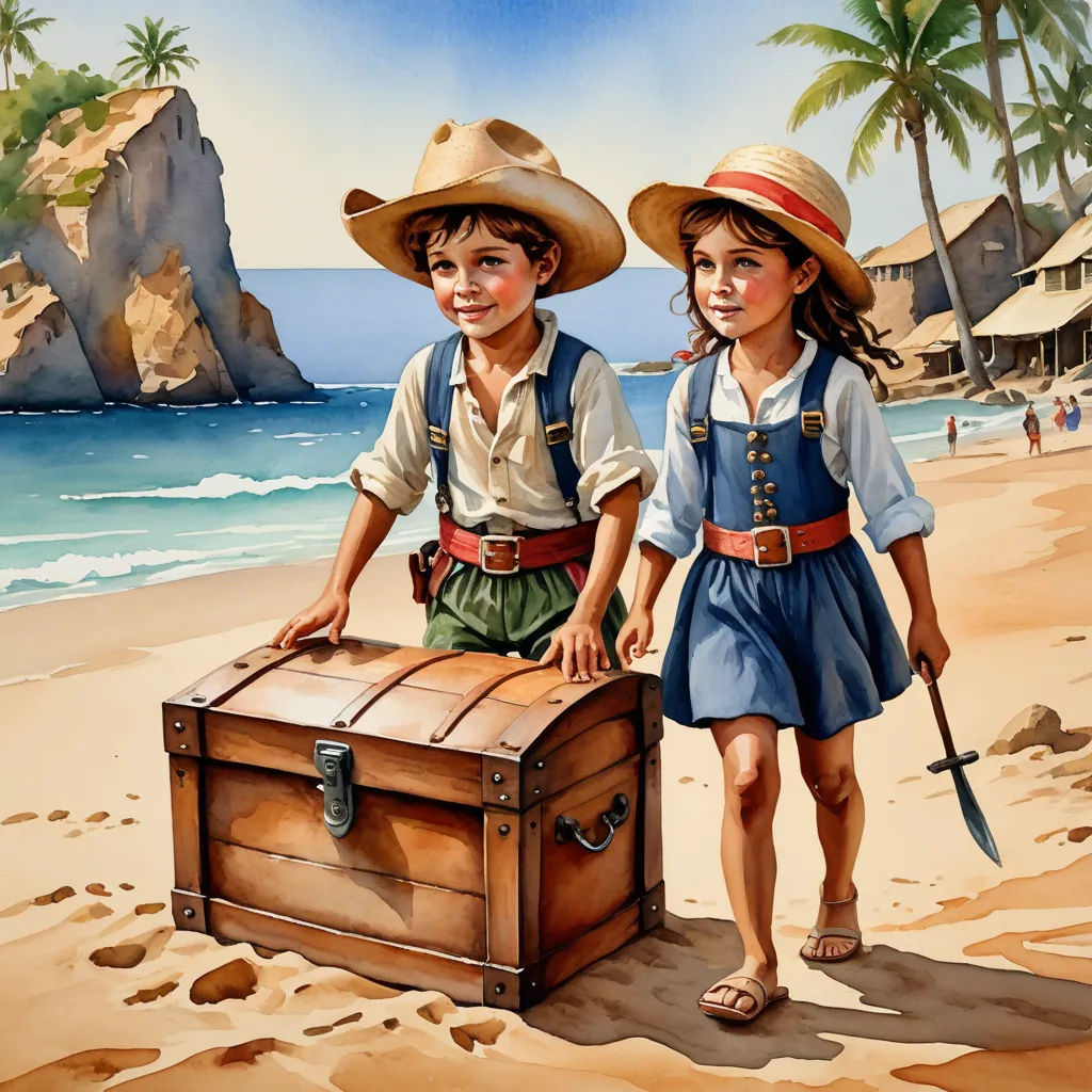 a painting of two children on a beach with a trunk and a pirate hat on their head and a pirate flag on their chest, figurative art, a detailed painting, Bob Byerley, highly detailed digital painting