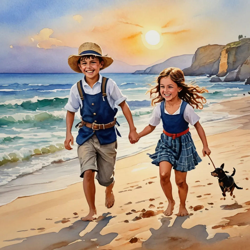 a painting of two children walking on the beach with a dog in hand and a sunset in the background, figurative art, a fine art painting, Bob Byerley, highly detailed oil painting