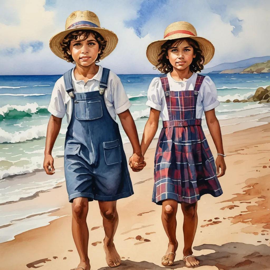 a painting of two children walking on a beach holding hands and wearing overalls and hats, with the ocean in the background, figurative art, a detailed painting, Bob Byerley, highly detailed oil painting