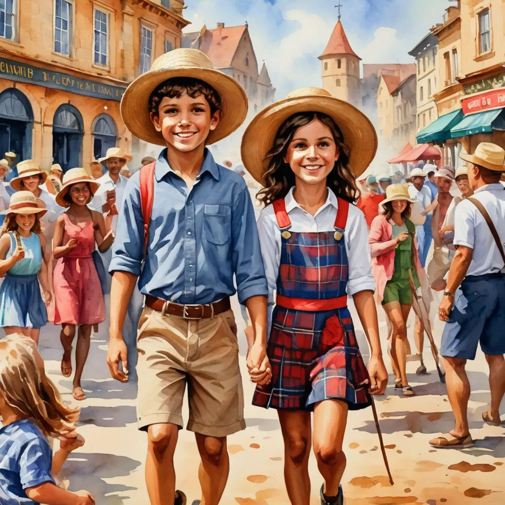 a painting of a boy and girl walking down a street with a crowd of people behind them and a man in a hat, fantastic realism, an oil painting, Bob Byerley, official art