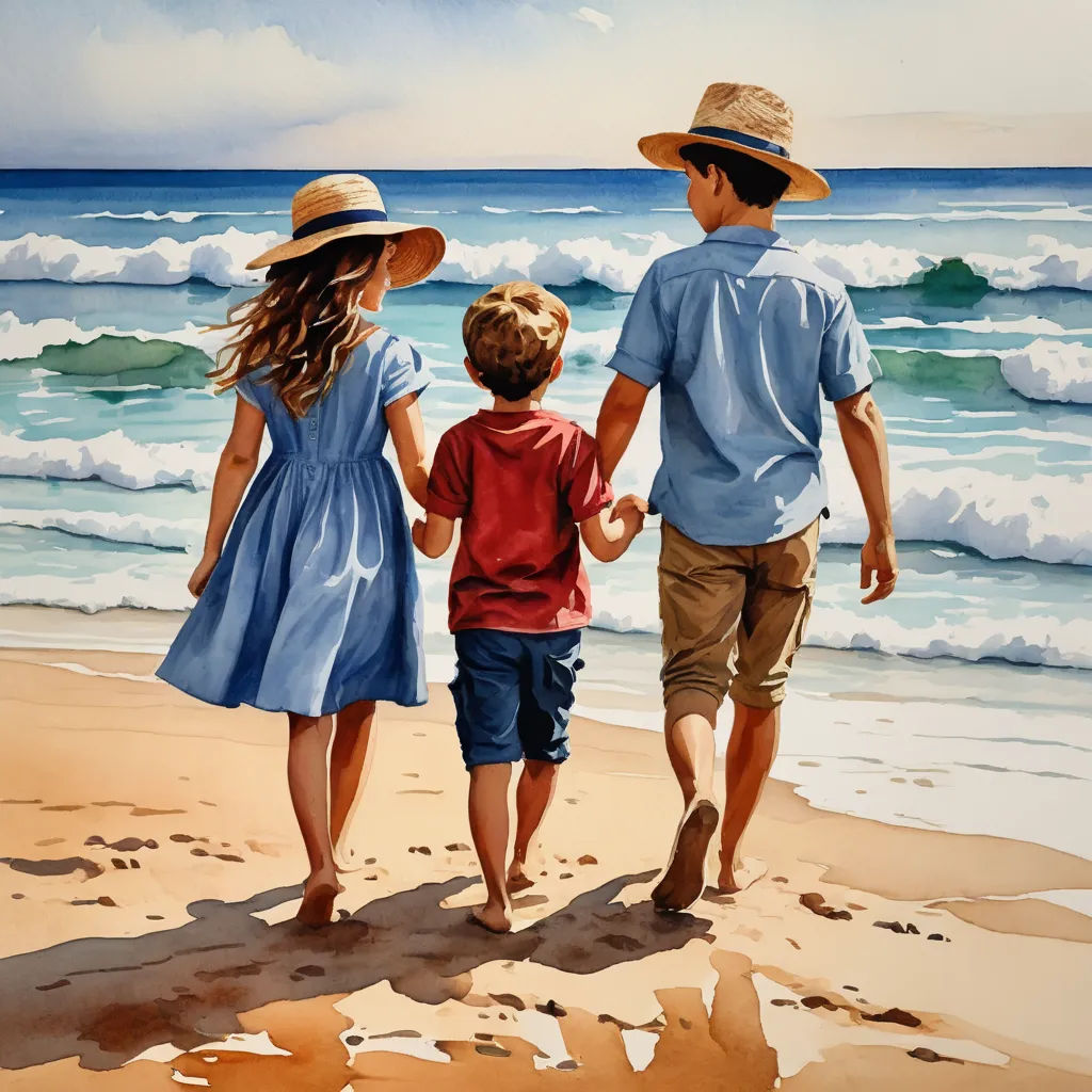 a painting of a family walking on the beach together with the ocean in the background and the sky in the background, figurative art, an oil on canvas painting, Eric Zener, detailed painting