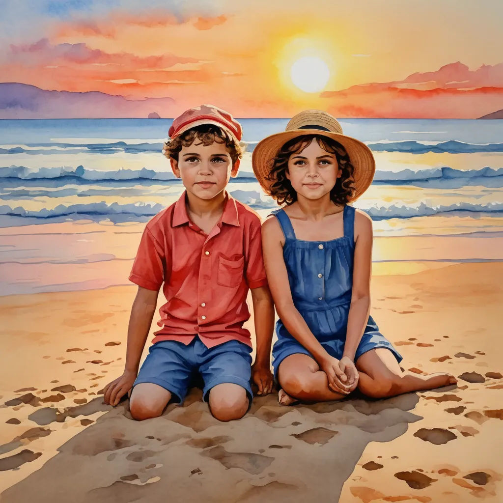 a painting of two children sitting on a beach at sunset with the sun setting behind them and the ocean in the background, photorealism, a photorealistic painting, Diego Gisbert Llorens, extremely detailed oil painting