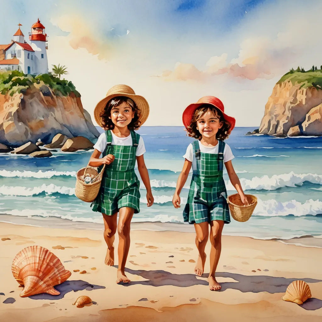 two children walking on the beach with a shell in hand and a lighthouse in the background with a painting of a lighthouse and a shell, figurative art, an airbrush painting, Brothers Hildebrandt, detailed painting