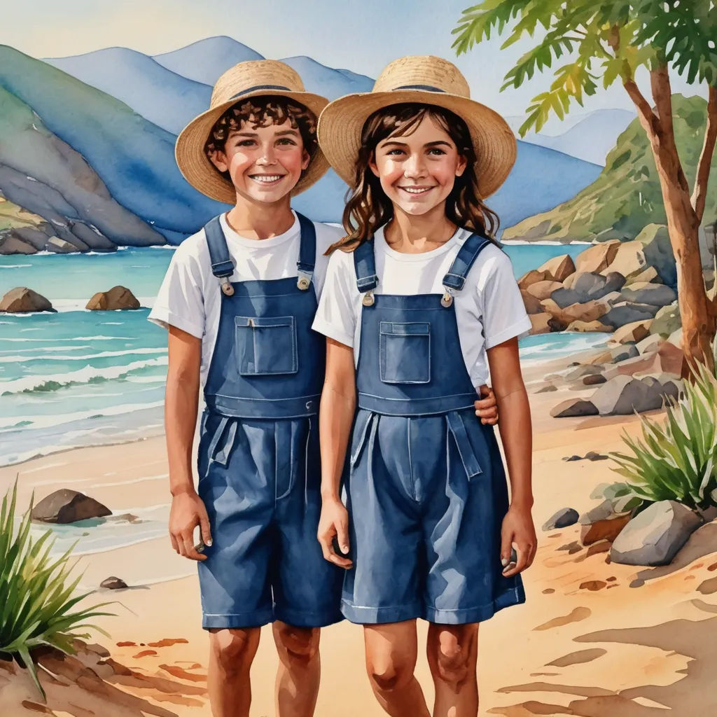 a painting of two children standing on a beach with a mountain in the background and a blue sky and water, naive art, a detailed painting, Bob Byerley, highly detailed oil painting