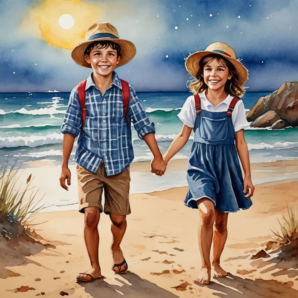 a painting of a boy and girl walking on the beach holding hands and smiling at the camera with the sun shining behind them, figurative art, an oil on canvas painting, Bob Byerley, detailed painting