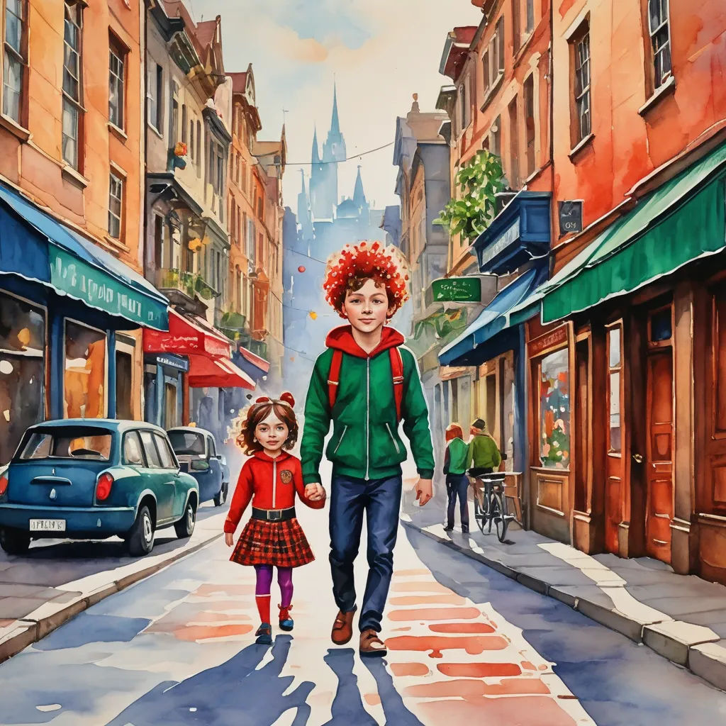 a painting of a young girl walking with a younger girl down a street in a city with cars and people, naive art, a storybook illustration, Eric Deschamps, in gouache detailed paintings
