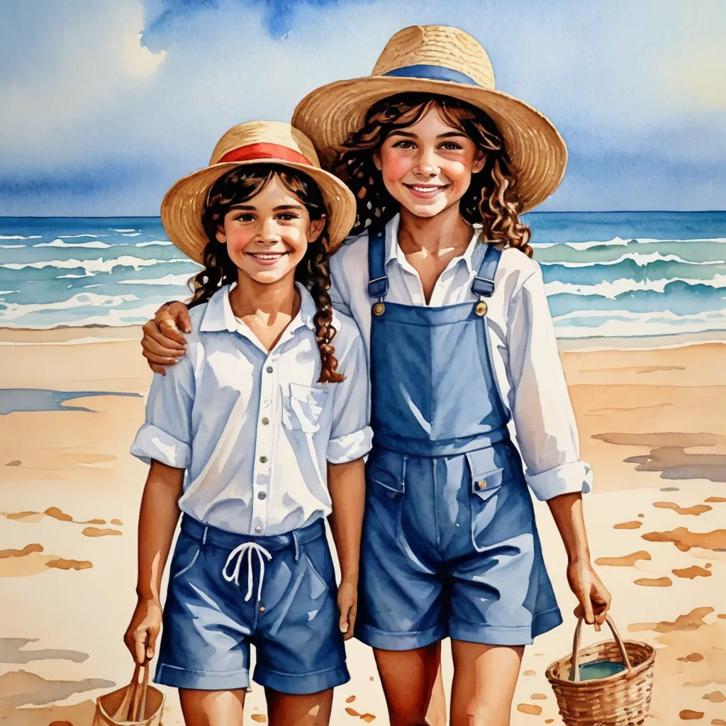 a painting of two girls on a beach with a basket and a hat on their heads, one of them is holding a basket, figurative art, an oil on canvas painting, Bob Byerley, highly detailed oil painting