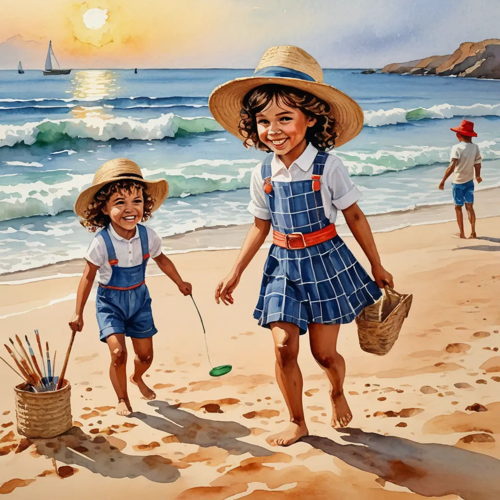 a painting of two children on the beach with a basket and a frisbee in hand and a sailboat in the background, figurative art, an airbrush painting, Bob Byerley, detailed painting