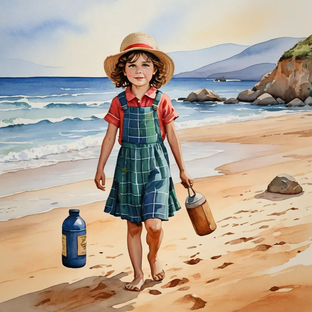 a painting of a girl walking on the beach with a bottle of water and a bucket in her hand, figurative art, a watercolor painting, Bob Byerley, watercolor