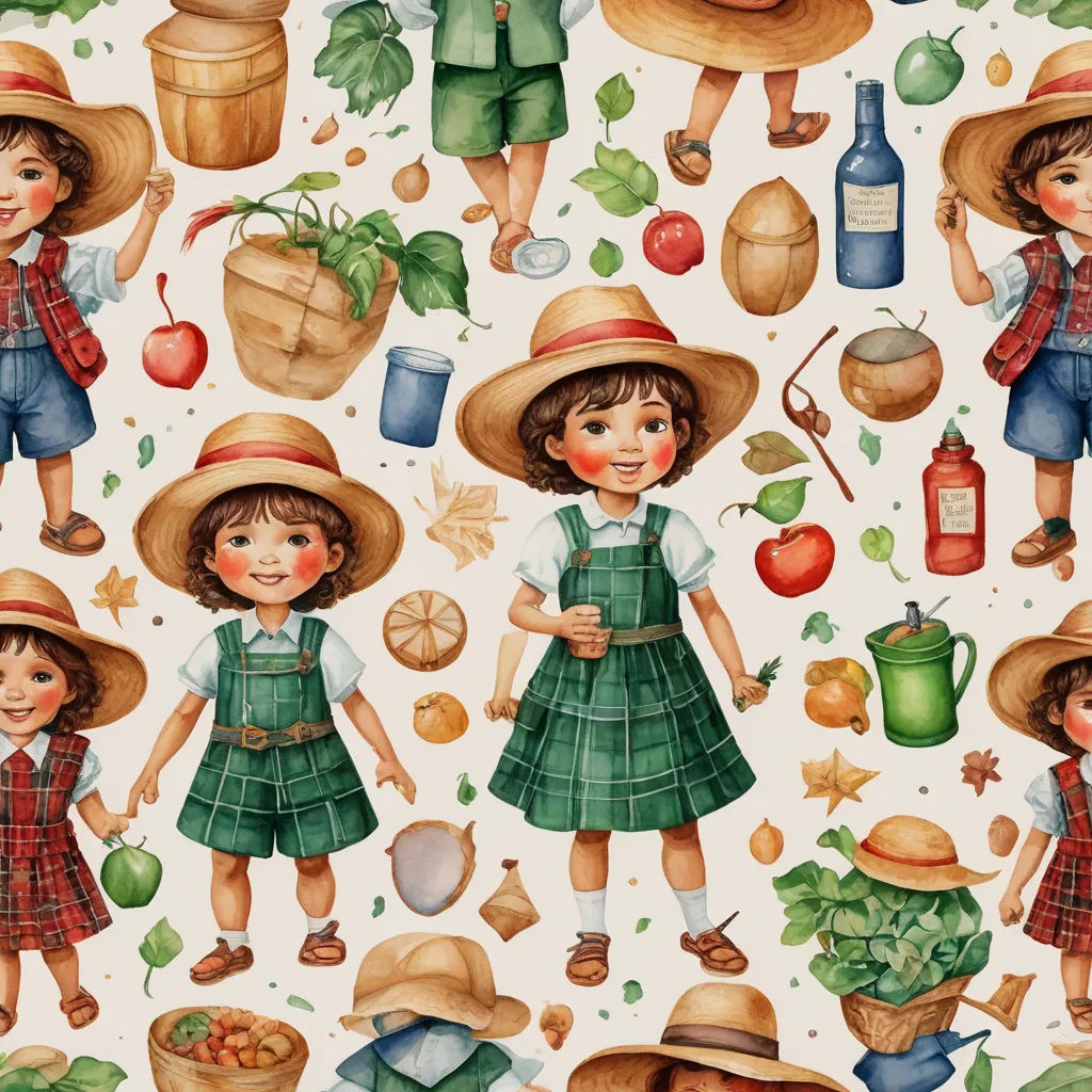a painting of a child with a hat and a green dress and a red plaid shirt and a green apron and a red hat, folk art, a storybook illustration, Evaline Ness, detailed illustration