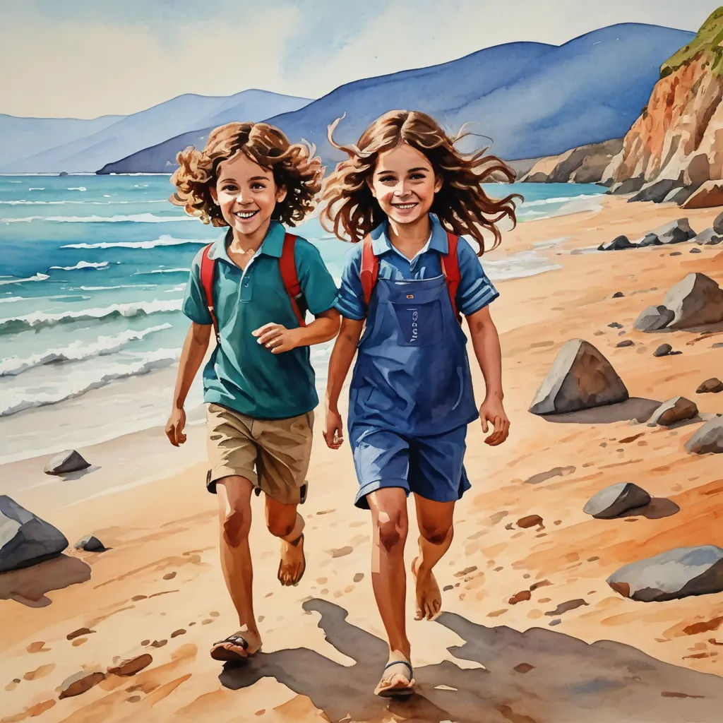 a painting of two children running on a beach near the ocean with mountains in the background and a blue sky, figurative art, an airbrush painting, Bob Byerley, detailed painting