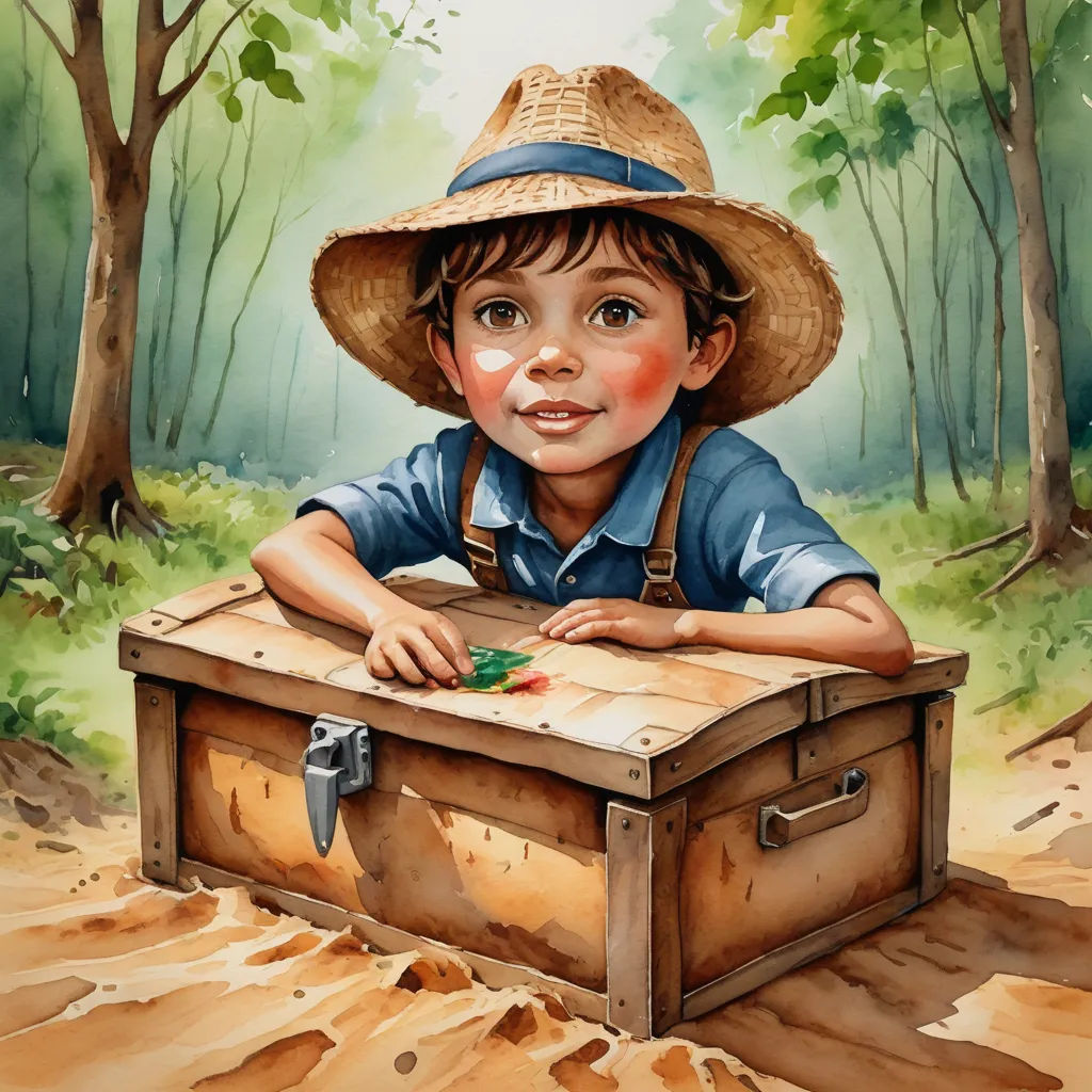 a painting of a boy in a hat sitting on a trunk in the woods with a green leaf on it, photorealism, a storybook illustration, Bob Byerley, highly detailed digital painting