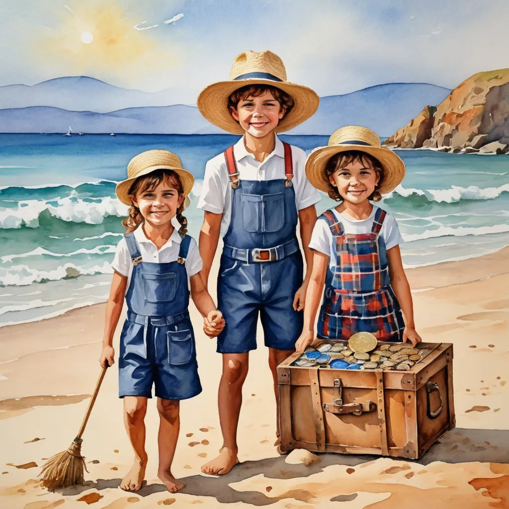a painting of two children on the beach with a suitcase and broom in hand and a hat on the other side of the painting, figurative art, an airbrush painting, Bob Byerley, highly detailed digital painting