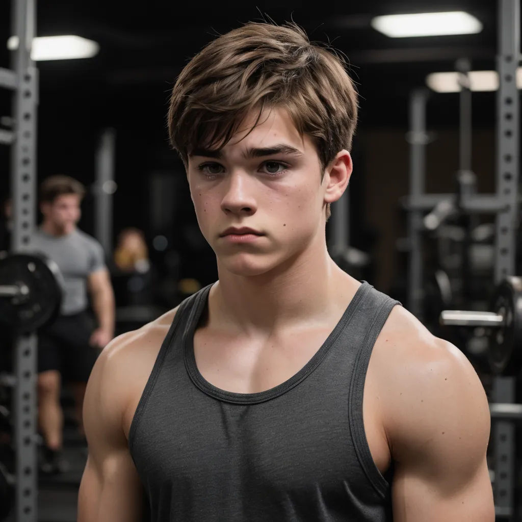 a young man is standing in a gym with a barbell in his hand and a man in the background, private press, a character portrait, Evan Charlton, kai carpenter