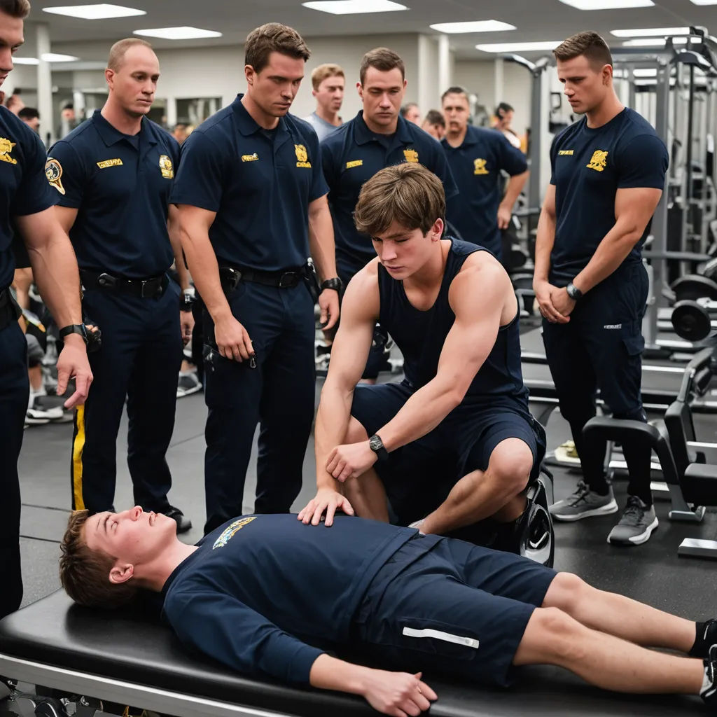a man is being assisted by a police officer in a gym with other men in uniform behind him and a man on a bench, institutional critique, a poster, David Budd, promotional image