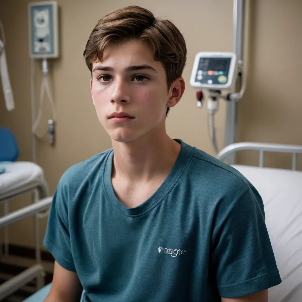 a young man sitting in a hospital bed in front of a monitor and a bed frame with a monitor on it, barbizon school, a character portrait, Aaron Nagel, anamorphic lens flare