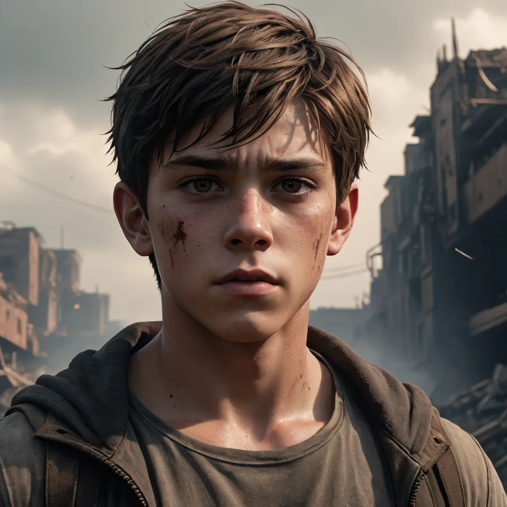 a young boy with a bloody face standing in a city street with buildings and debris on the ground and a dark sky, photorealism, a character portrait, David Park, vfx