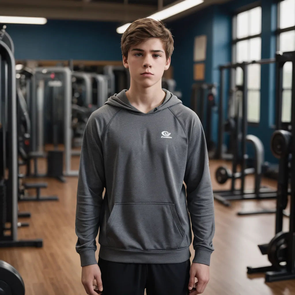 a man standing in a gym with a hoodie on and a gym floor in the background with a row of exercise equipment, private press, a bronze sculpture, David Budd, kai carpenter